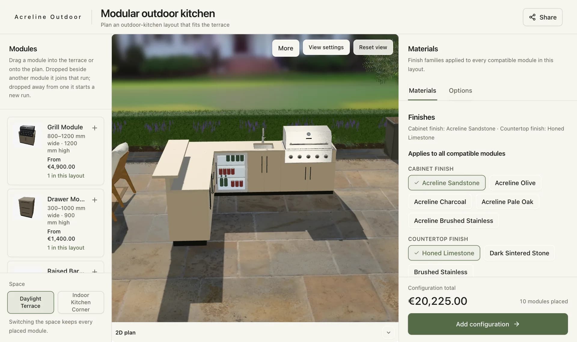 The generated Acreline outdoor kitchen planner with a module rail, the L-shaped kitchen in 3D, finish choices, and its €20,225 sample price